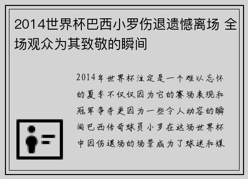 2014世界杯巴西小罗伤退遗憾离场 全场观众为其致敬的瞬间