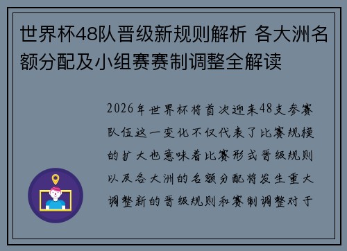 世界杯48队晋级新规则解析 各大洲名额分配及小组赛赛制调整全解读