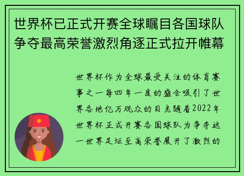 世界杯已正式开赛全球瞩目各国球队争夺最高荣誉激烈角逐正式拉开帷幕