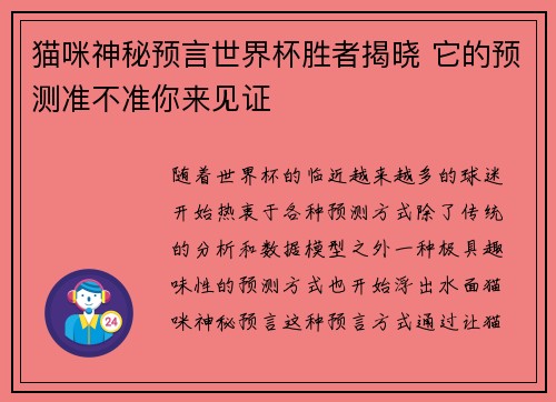 猫咪神秘预言世界杯胜者揭晓 它的预测准不准你来见证